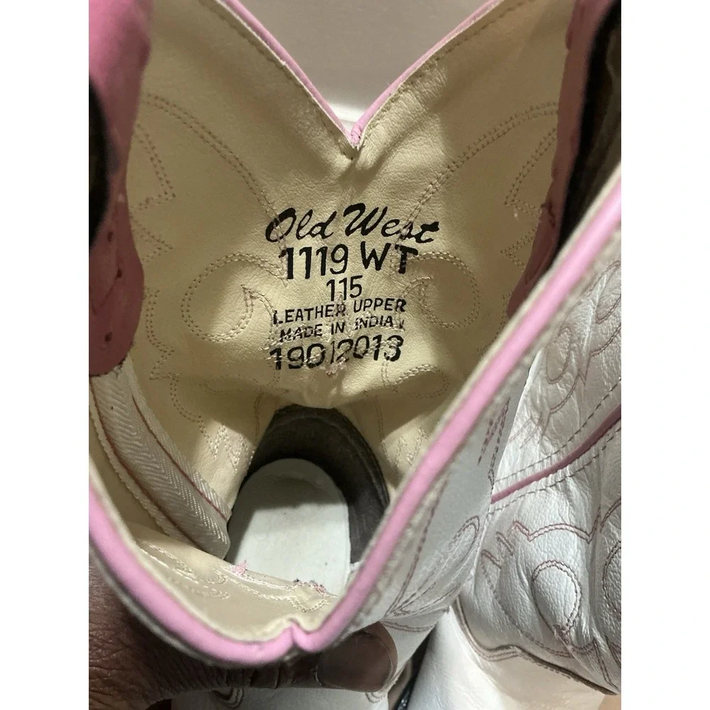 Old West Girls White And Pink All Leather Cowboy Boots 11.5